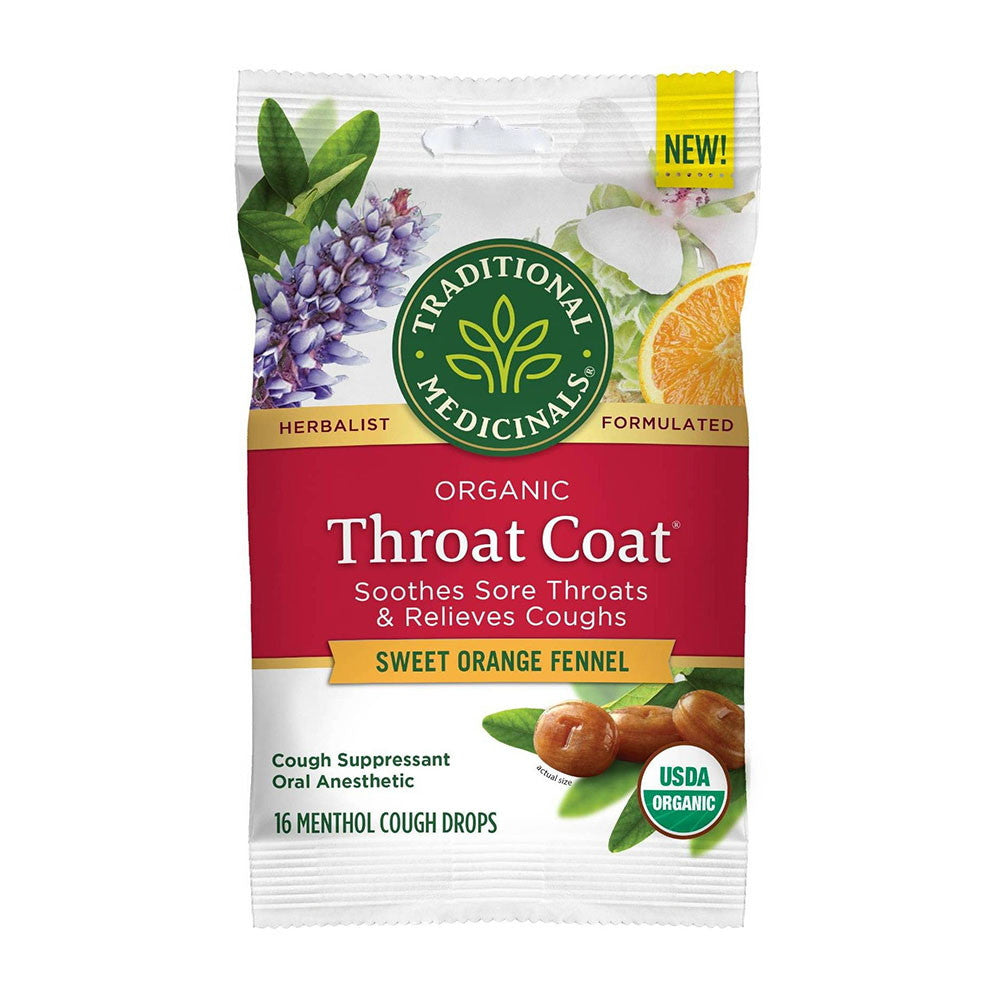 Traditional Medicinals Organic Throat Coat Cough Drops, Sweet Orange 16Ea, Pack of 12